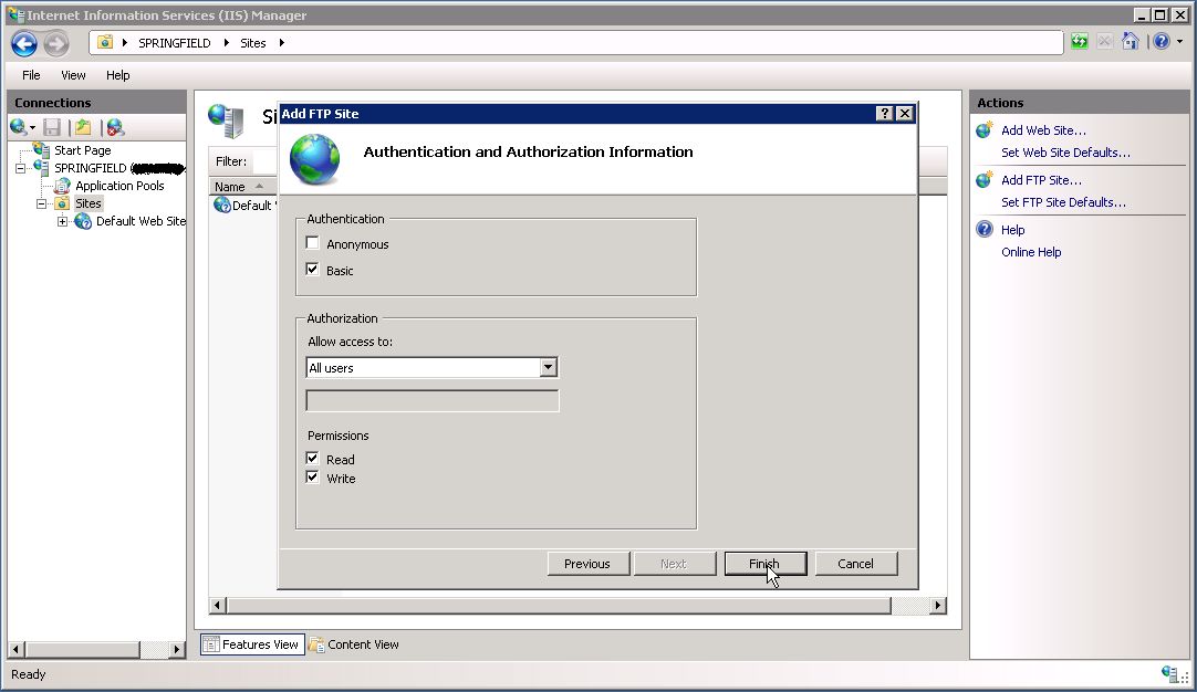 Configure FTP site authentication