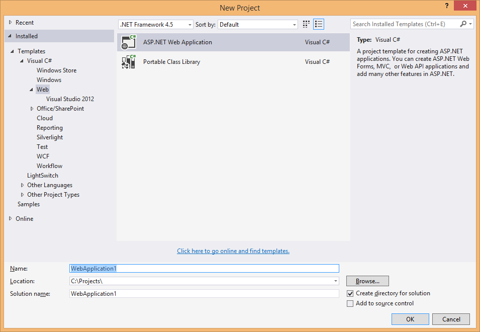 Create a web project in Visual Studio 2013