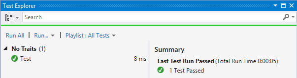 Test Explorer window with a dummy test I created