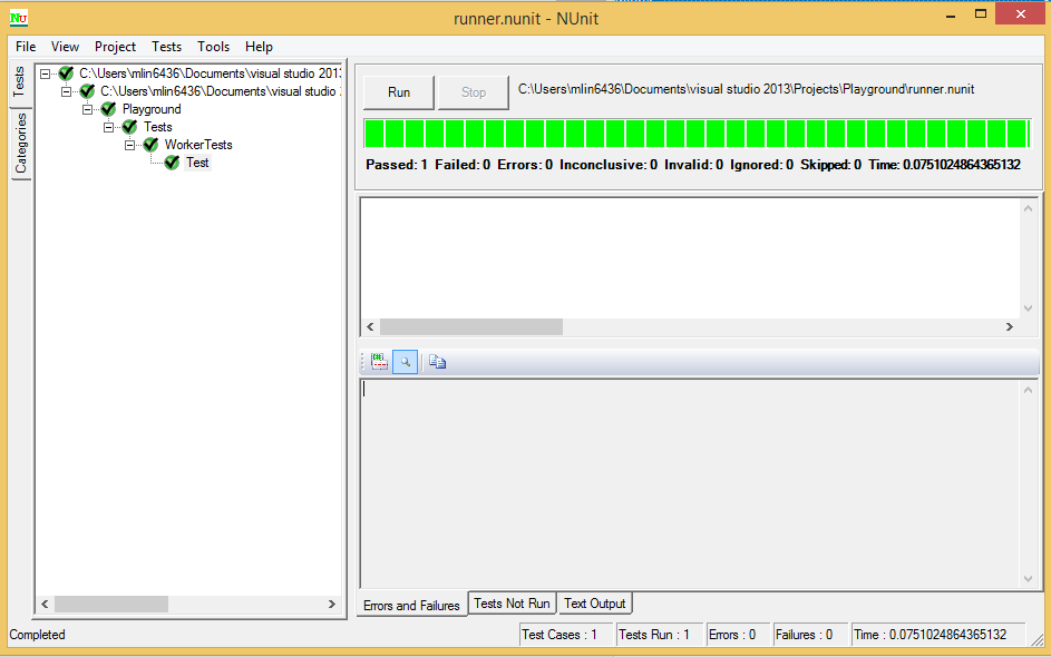 NUnit control pannel after running the tests